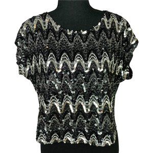 VINTAGE 70s-80s Black Silver Sequin Cap Sleeve Disco Top